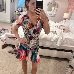 Multicolor Floral V-Neck Mini Dress with Ruffle Hem